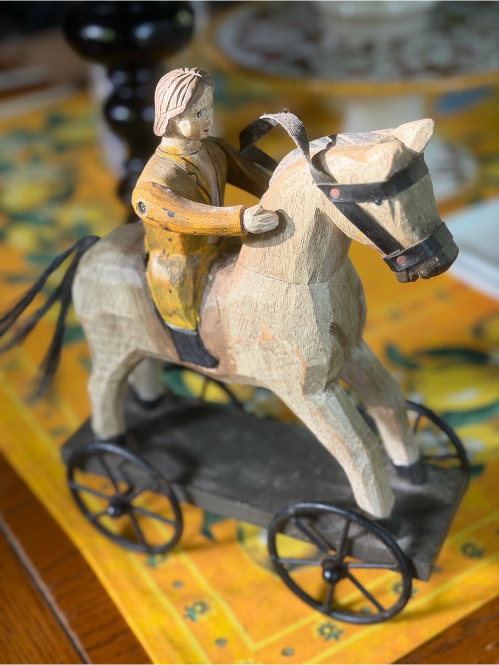 Vintage Hand Carved Folk Art Horse and Rider on Wheeled Platform Primitive GUC